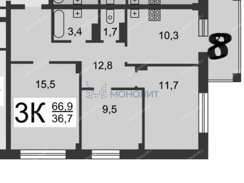 трёхкомнатная квартира на улице Академика Сахарова дом 105